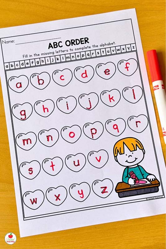 Valentine alphabet tracing and abc order worksheet