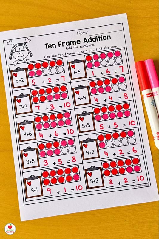 Ten Frame Addition to 10 Valentine Math Worksheet