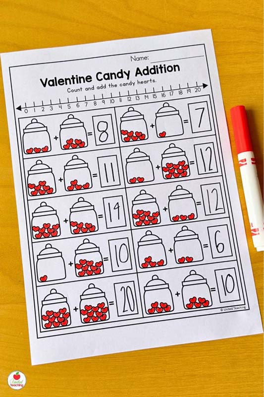 Valentine Candy Addition Math Worksheet for kindergarten