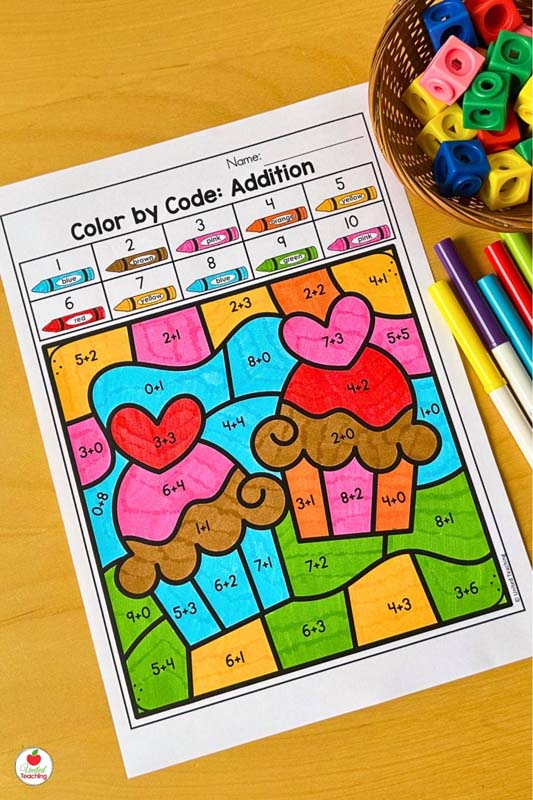 Valentine color by addition math worksheet for kindergarten