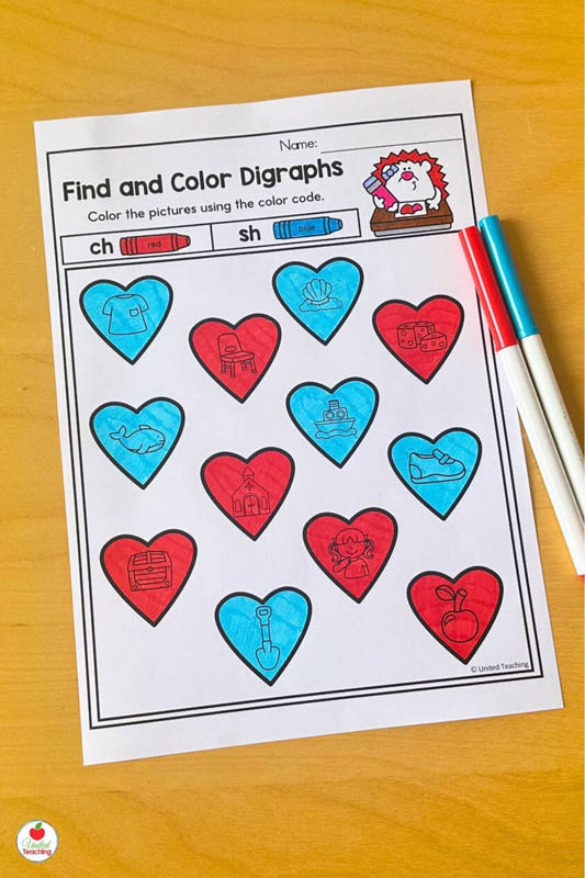 Color by Code Digraphs Valentine Worksheet