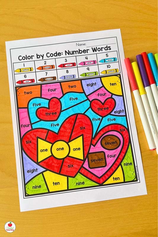 Valentine Color by Code Number Words Math Worksheet