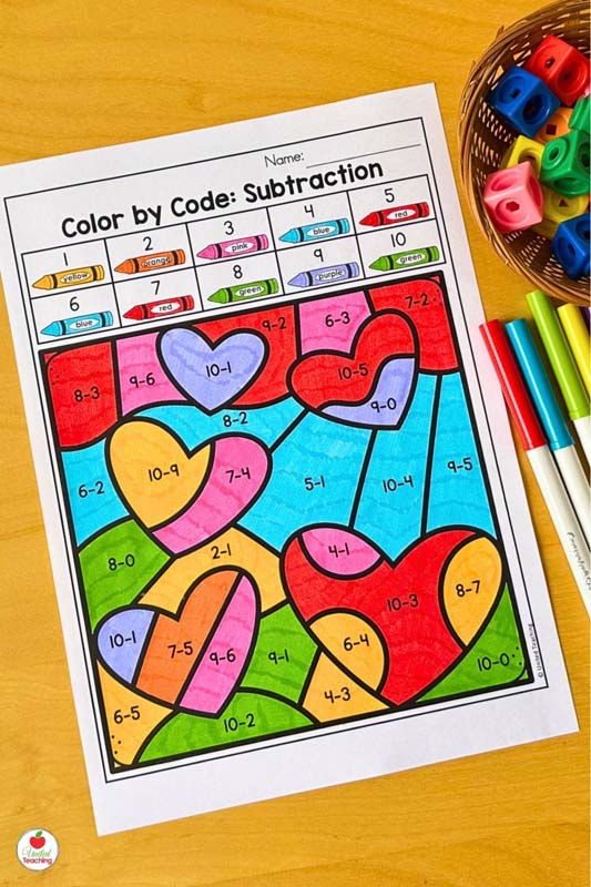 Valentine color by subtraction math worksheet for kindergarten