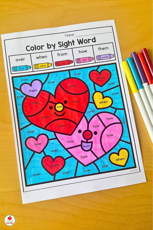 Valentine Color by Code Sight Words Worksheet