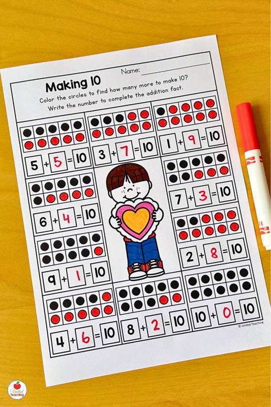 Making 10 with ten frames Valentine math worksheet