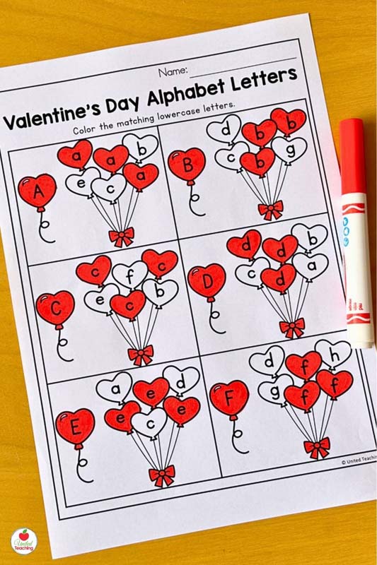 Valentines Day Matching uppercase and lowercase letters of the alphabet worksheet
