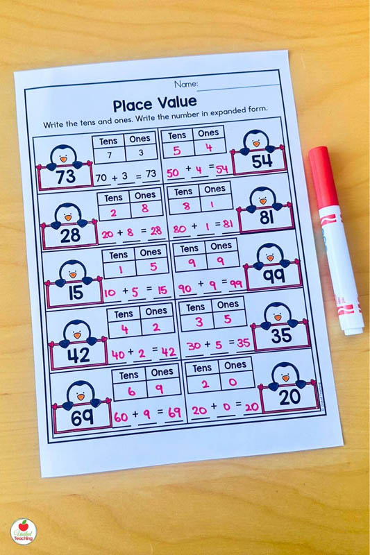 Tens and Ones Valentine Math Worksheet