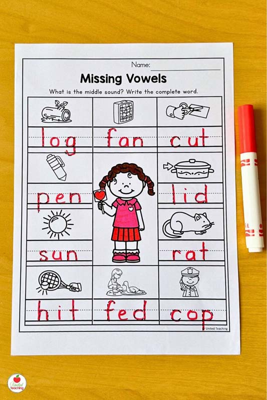 Valentine short vowel middle sounds kindergarten worksheet