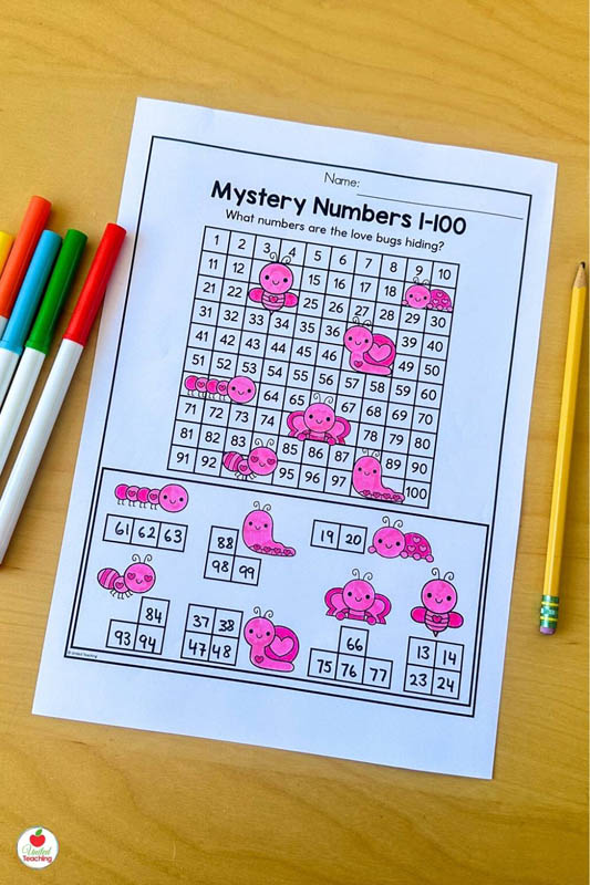 Mystery Numbers to 100 Valentine Math Worksheet