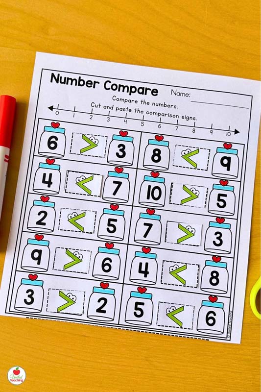 Valentine comparing numbers 1 to 10 math worksheet