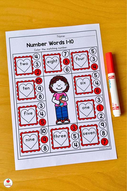 Numbers Words 1 to 10 Valentine Math Worksheet