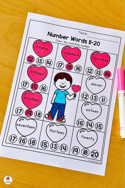 Valentine Number Words 11 to 20 February worksheet