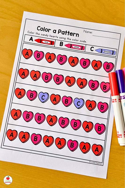 Valentine Math Patterns Color by Code February worksheet