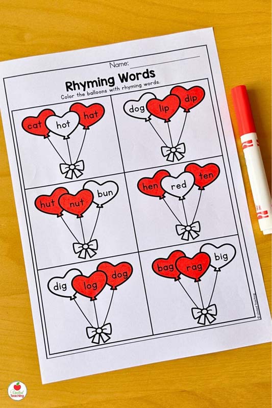 Valentine rhyming words february kindergarten worksheet