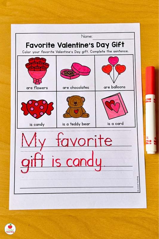 Favorite Valentine's Day gift writing prompt worksheet for February