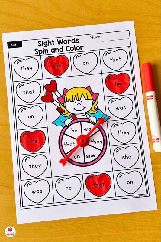 Valentine spin and color a sight word kindergarten worksheet