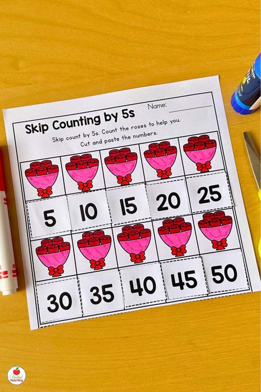 Valentine skip counting by 5s math worksheet