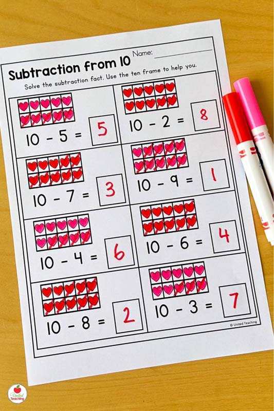 Ten frame subtraction valentine math worksheet for kindergarten