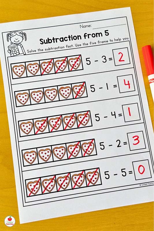 Valentine Subtraction from 5 with five frames math worksheet