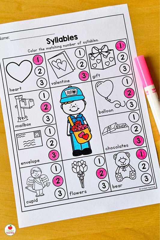 Valentine syllables worksheet for kindergarten