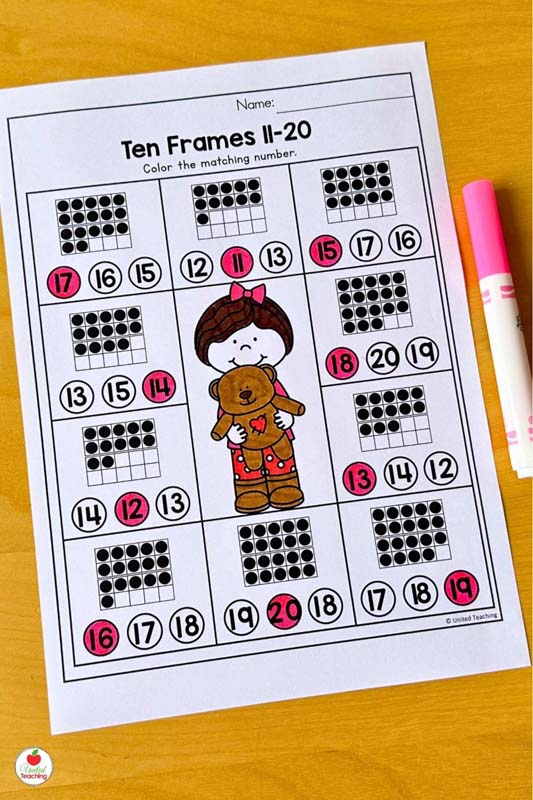 Ten Frames 11 to 20 Valentine Math Worksheet