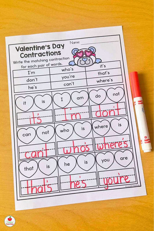 Valentines Day Contractions Worksheet