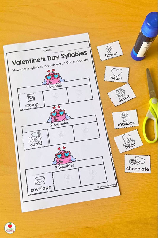 Syllables Cut and Paste Valentines Worksheet