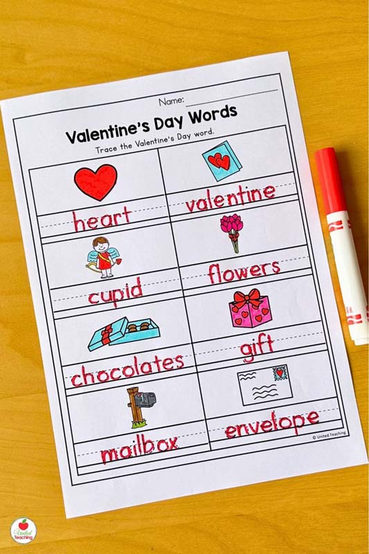 Valentine's Day vocabulary tracing worksheet for kindergarten