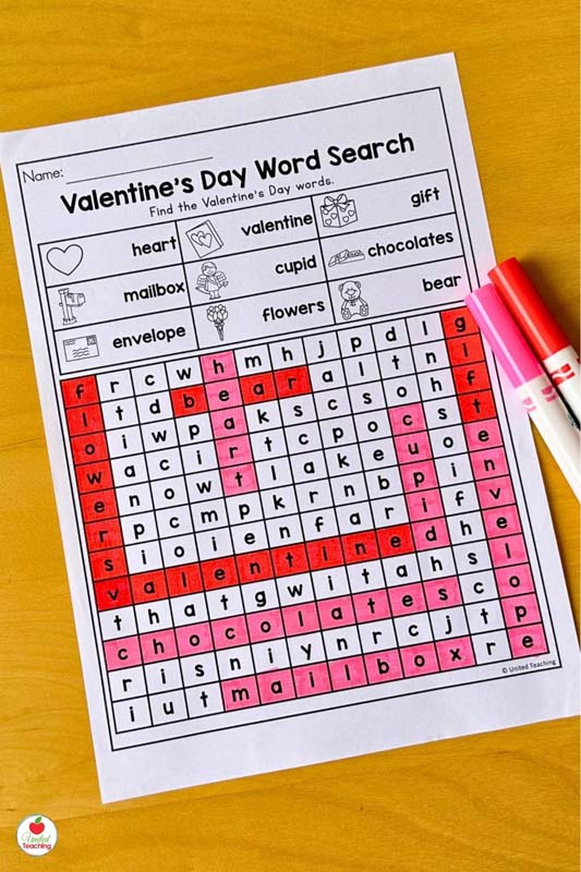Valentine's Day Word Search worksheet for kindergarten
