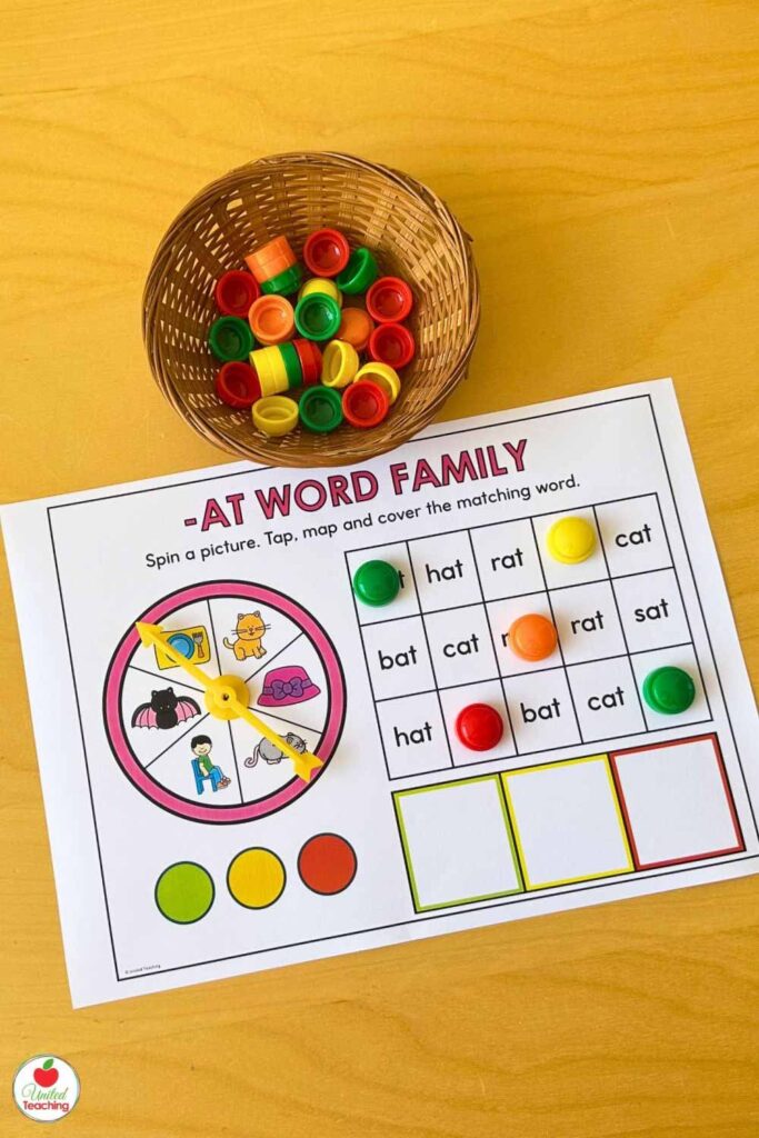 -at word family phonics game spin map and cover