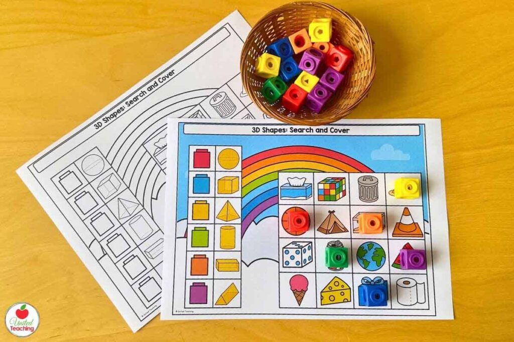 3d shapes search and cover math activity