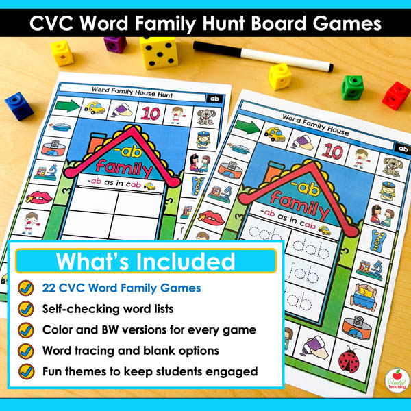 What's included in the CVC Word Family House Phonics Games