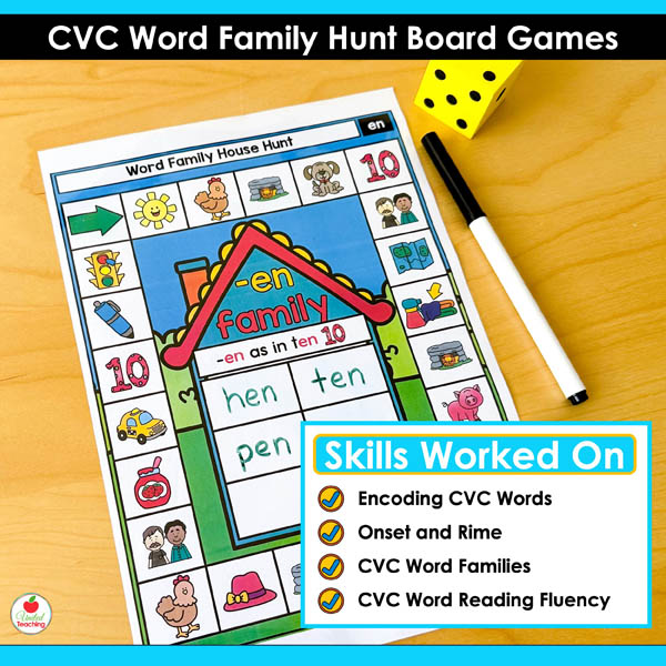 skills worked on by the CVC Word Family House Phonics Games