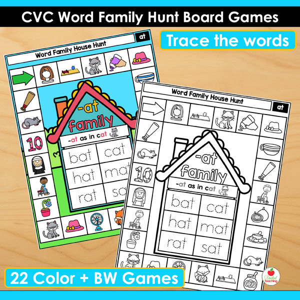 colorful and bw CVC Word Family House Phonics Games with tracing