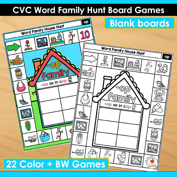colorful and BW CVC Word Family House Phonics Games