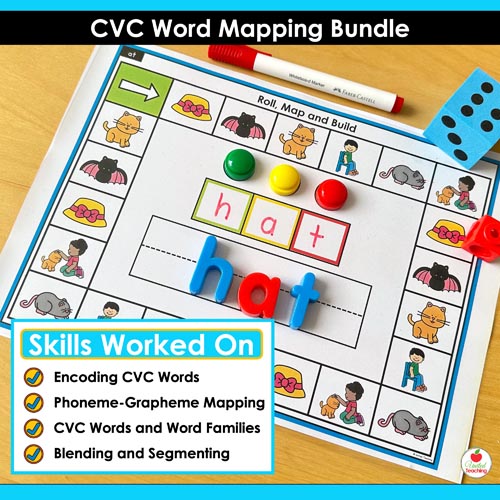 Skills worked on by the activities in the CVC word mapping bundle