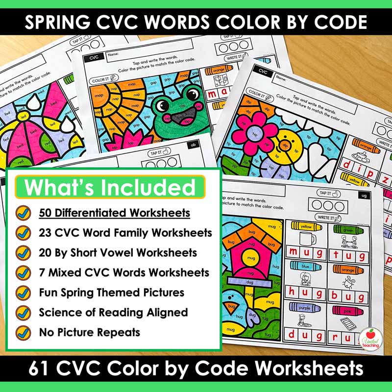 What's included in the CVC Words Color by Code Spring worksheets