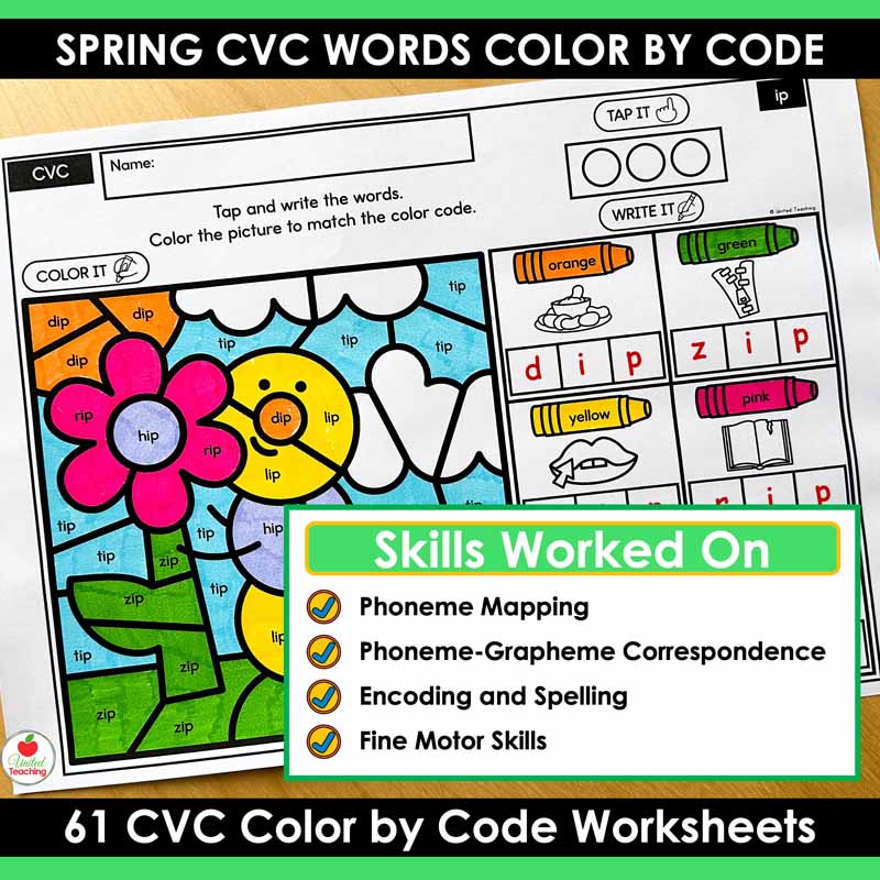Skills worked on by the CVC Words Color by Code spring worksheets