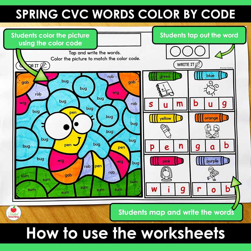 Design features of the phonics color by code worksheets