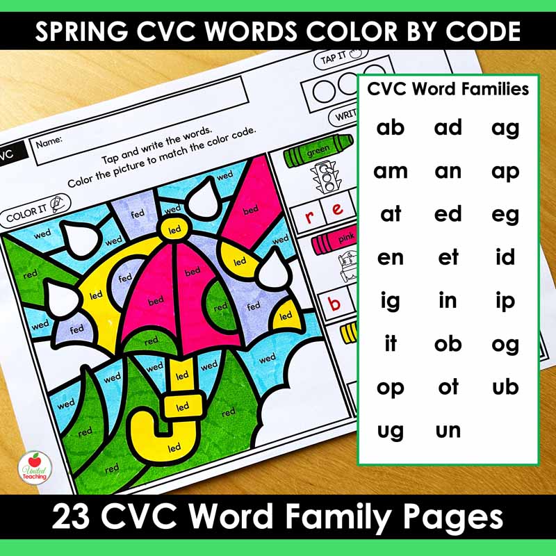 CVC word families targeted by the CVC Words Color by Code worksheets