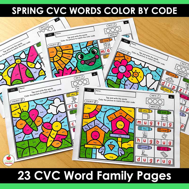 CVC words color by code spring worksheets