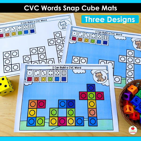Three different designs for each mat in the CVC Words Snap Cube Mats packet