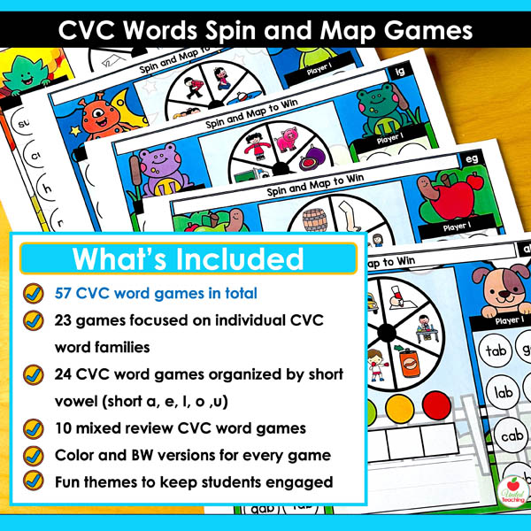 What's included in the CVC Words Spin and Map Partner Games