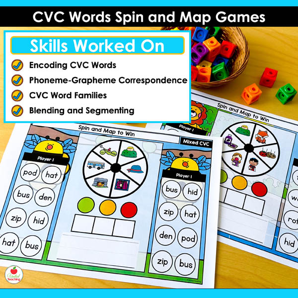 Skills worked on by the CVC Words Spin and Map Partner Games