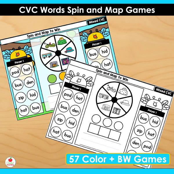 Color and BW CVC Words Spin and Map Partner Game