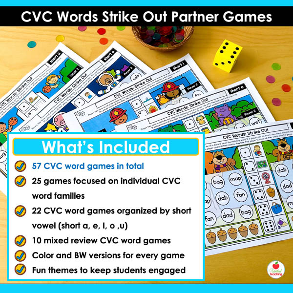 What's included in the CVC Words Strike Out Partner Games