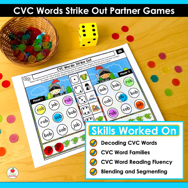 Skills worked on by the CVC Words Strike Out Partner Games