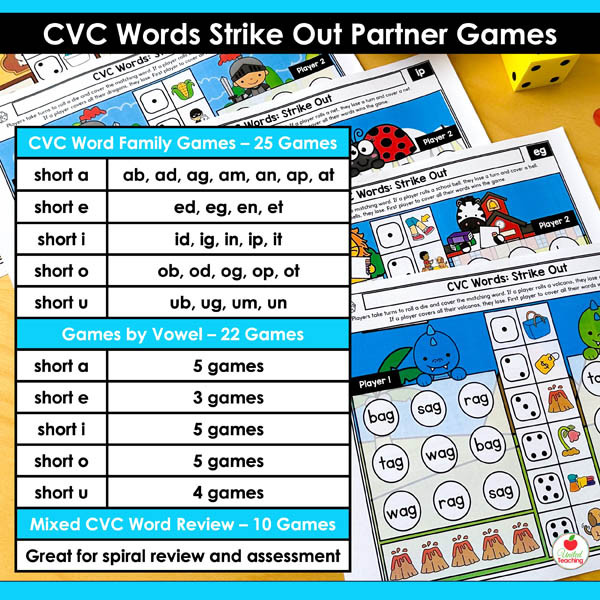 Phonics Skills covered by the CVC Words Strike Out Partner Games