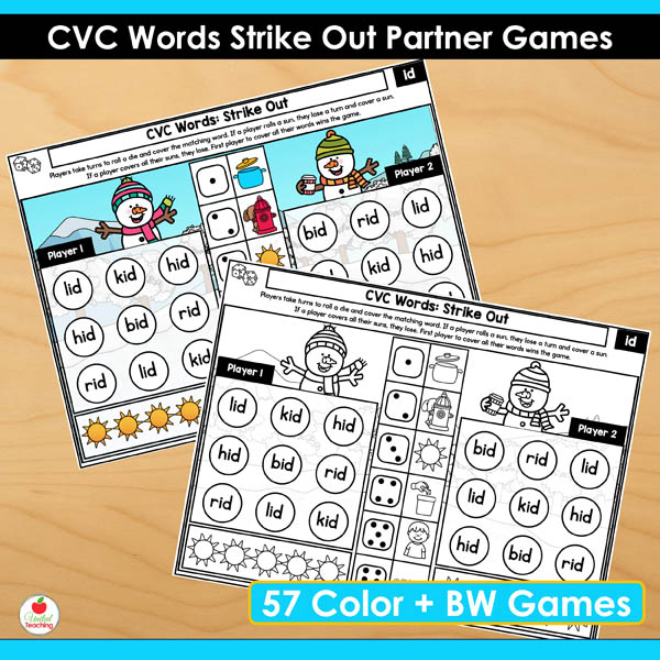 Colorful and BW CVC Words Strike Out Partner Games
