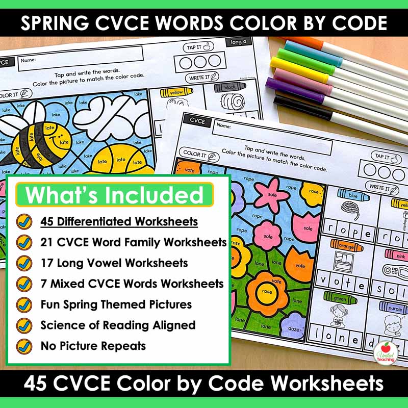 What's included in the CVCE Color by Code Spring Worksheets Packet